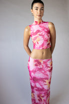 Abstract Lily Print Mesh Mock Neck Tank Top
