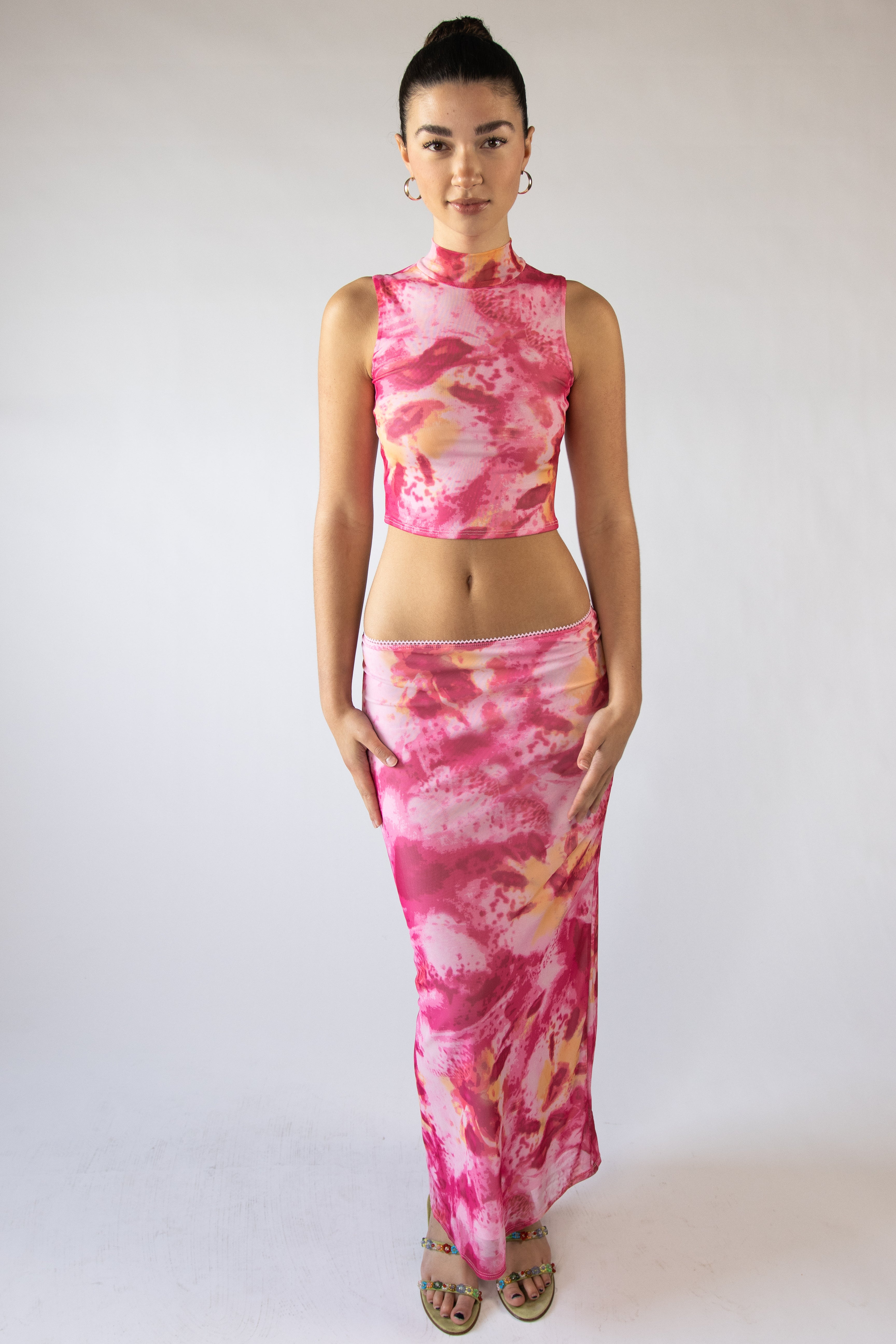 Abstract Print Mesh Mock Neck Tank Top