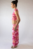 Abstract Lily Print Mesh Mock Neck Tank Top