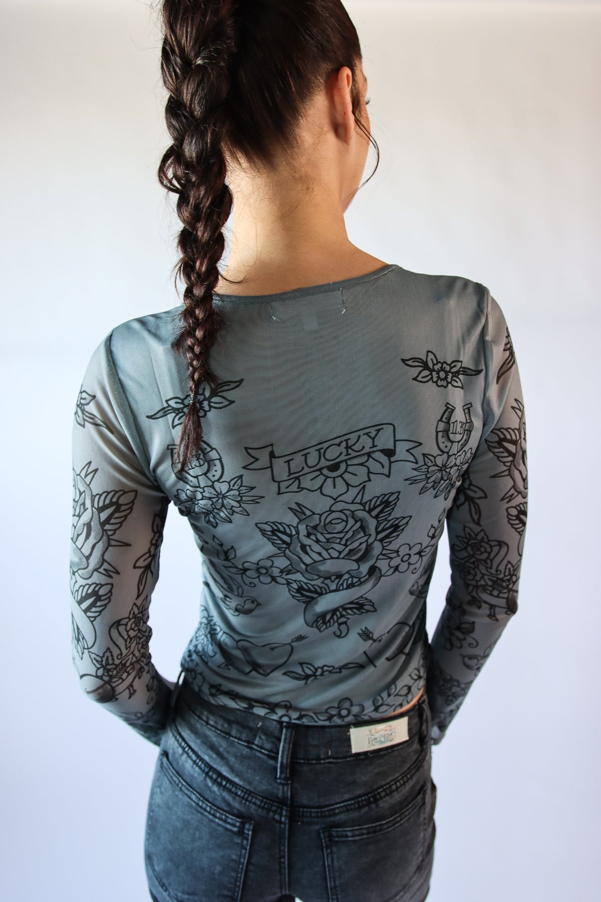Tattoo Print Mesh Long Sleeve Top