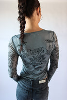 Tattoo Print Mesh Long Sleeve Top