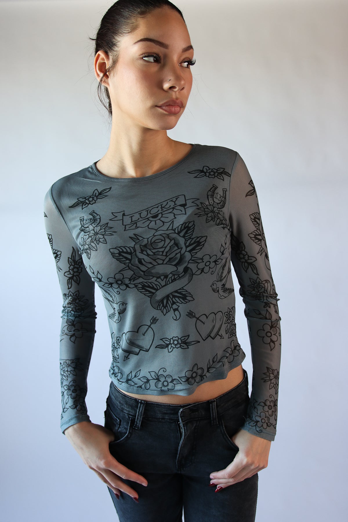Tattoo Print Mesh Long Sleeve Top – Ragstock