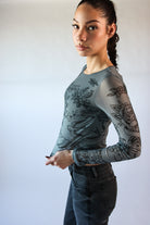 Tattoo Print Mesh Long Sleeve Top