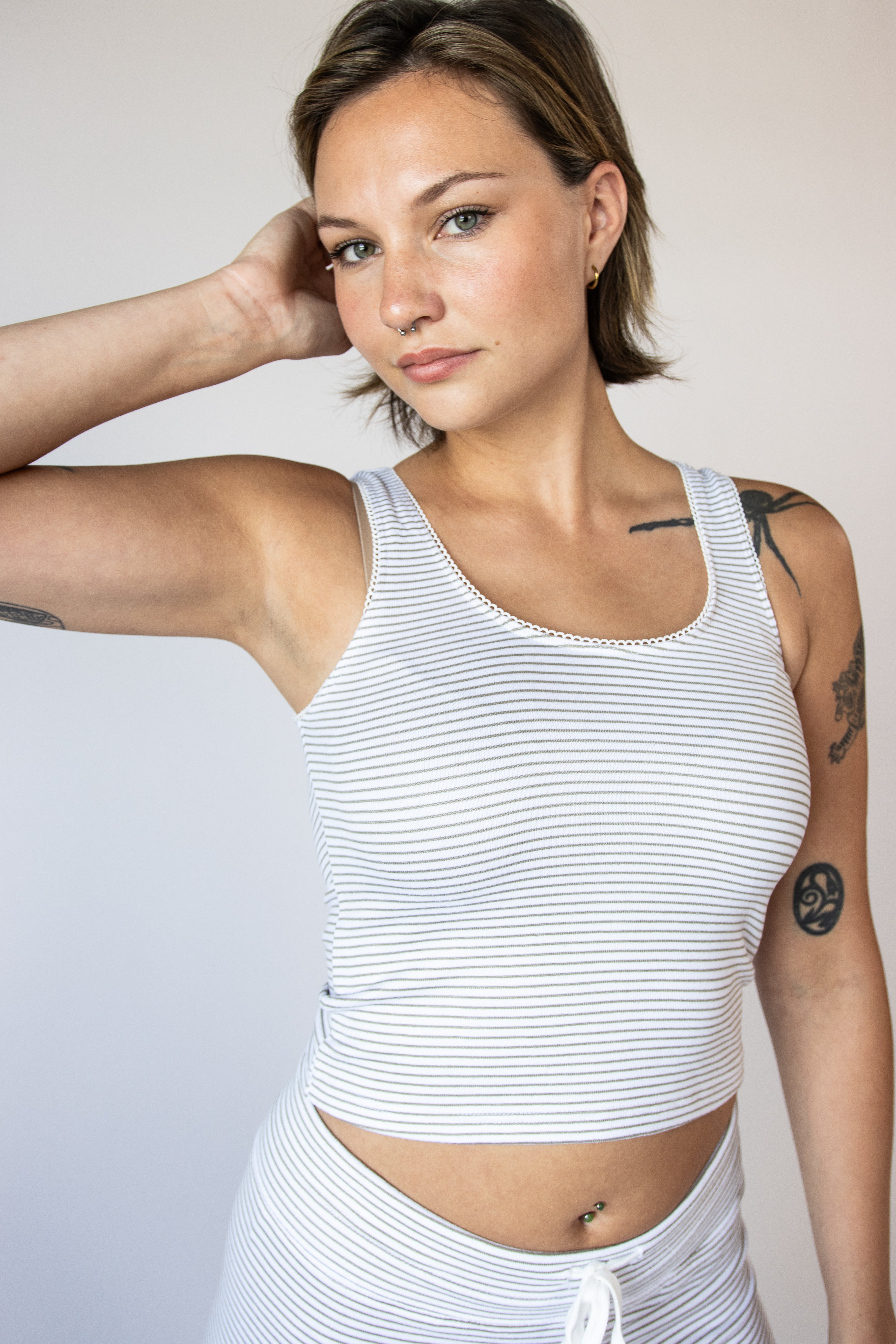 Pinstripe Picot Trim Tank Top