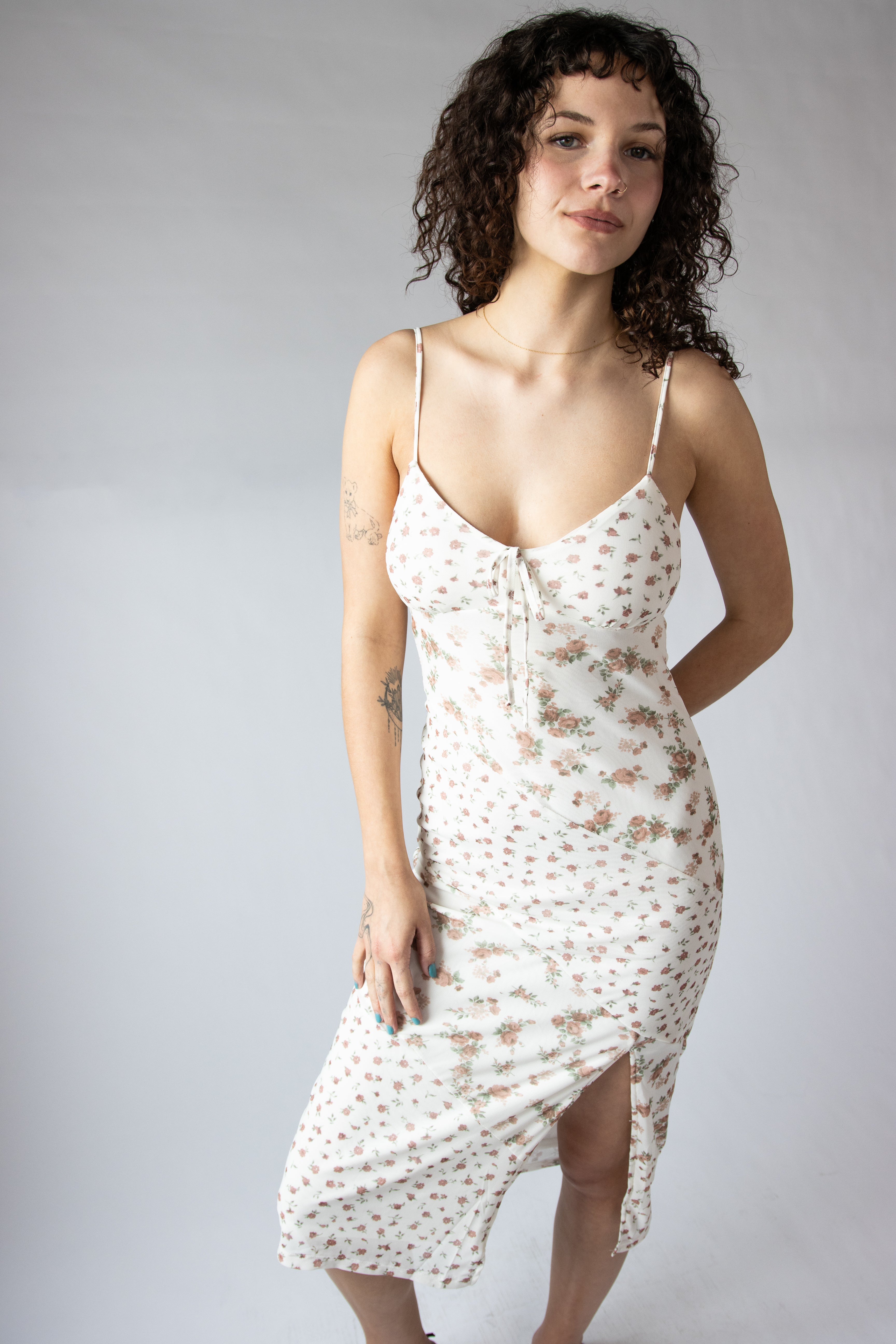 Mixed Floral Print Mesh Midi Dress