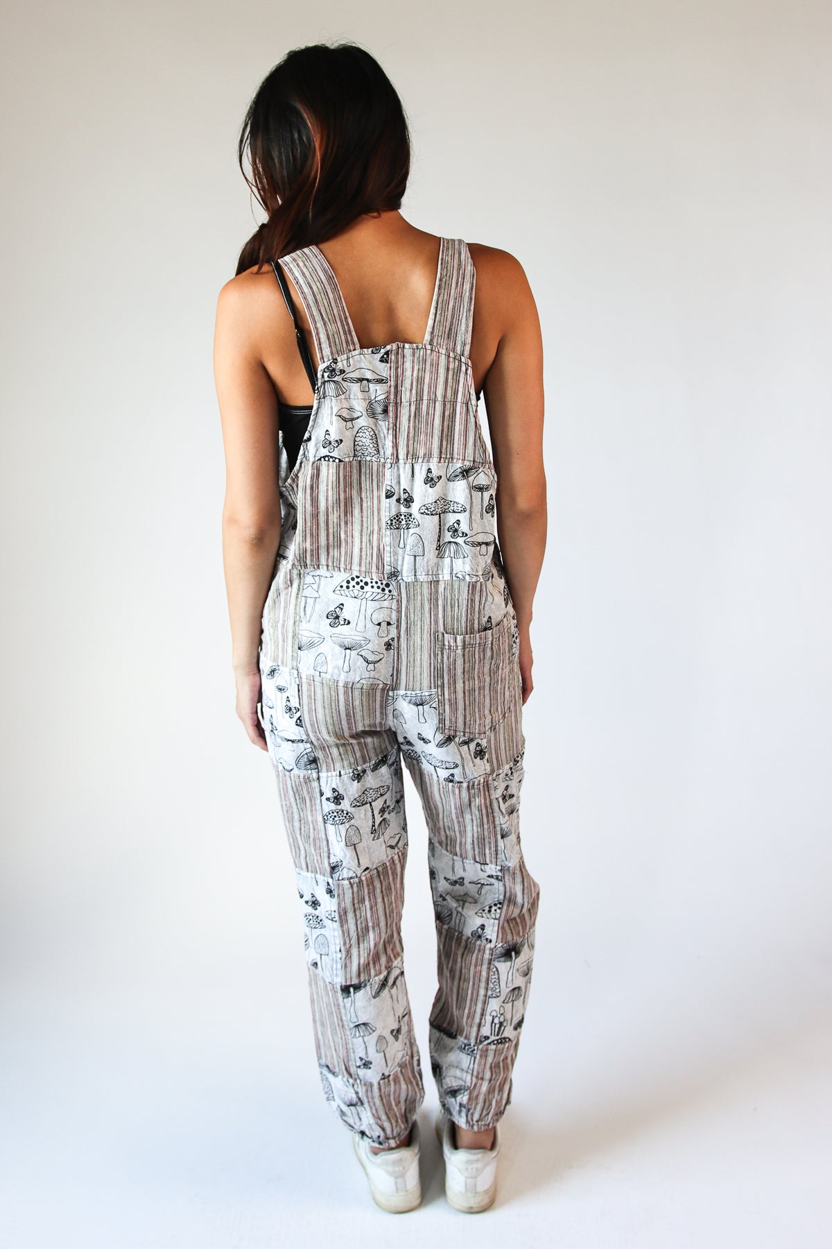 Gray Mushroom Butterfly Patchwork Overalls