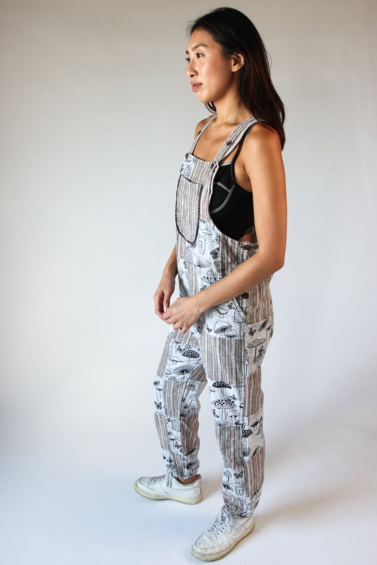 Gray Mushroom Butterfly Patchwork Overalls