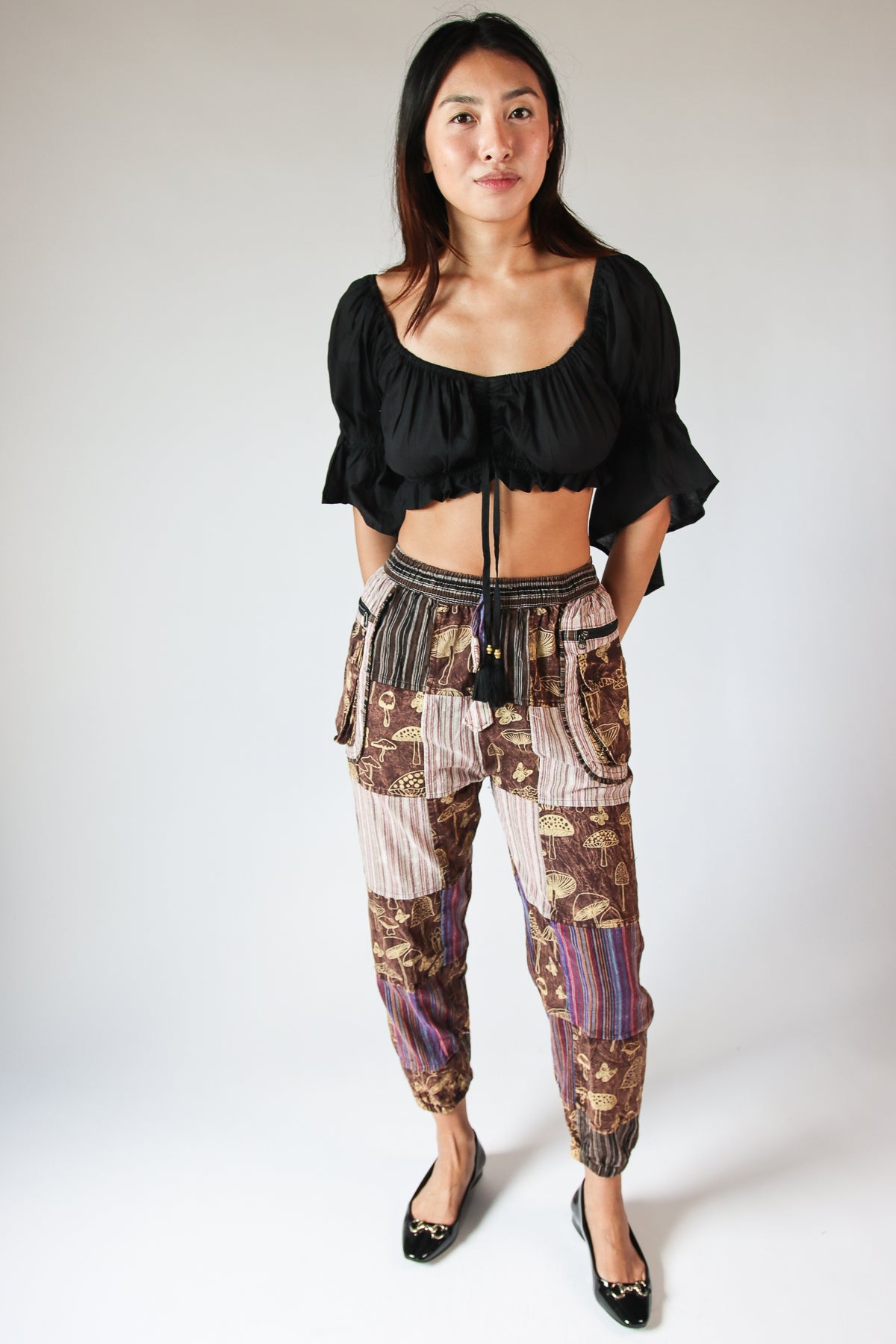 Brown Mushroom Stripe Pocket Patchwork Joggers