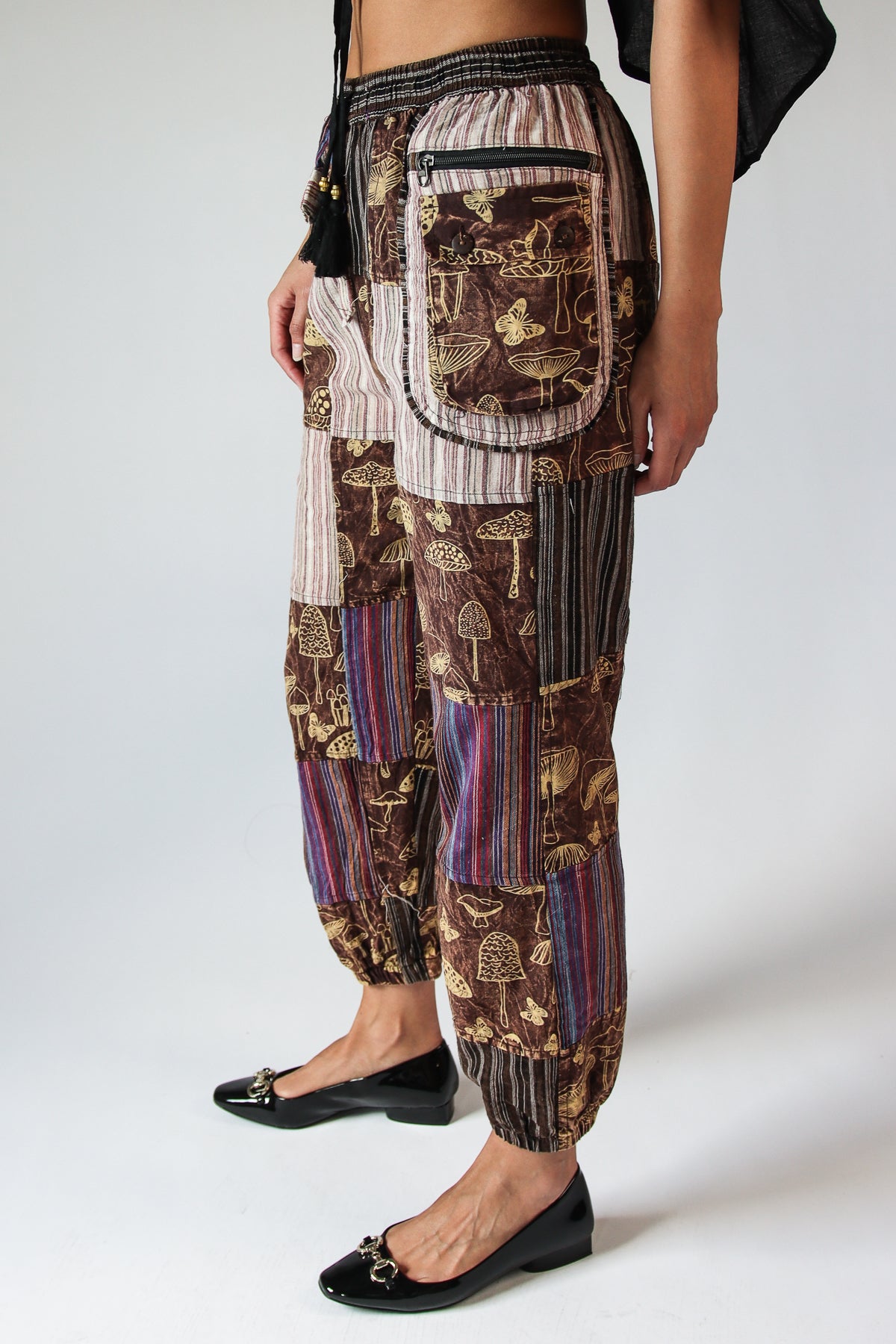Brown Mushroom Stripe Pocket Patchwork Joggers