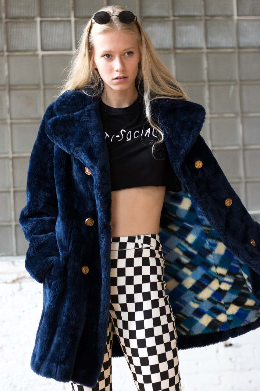 Navy 6 Button Fur Coat