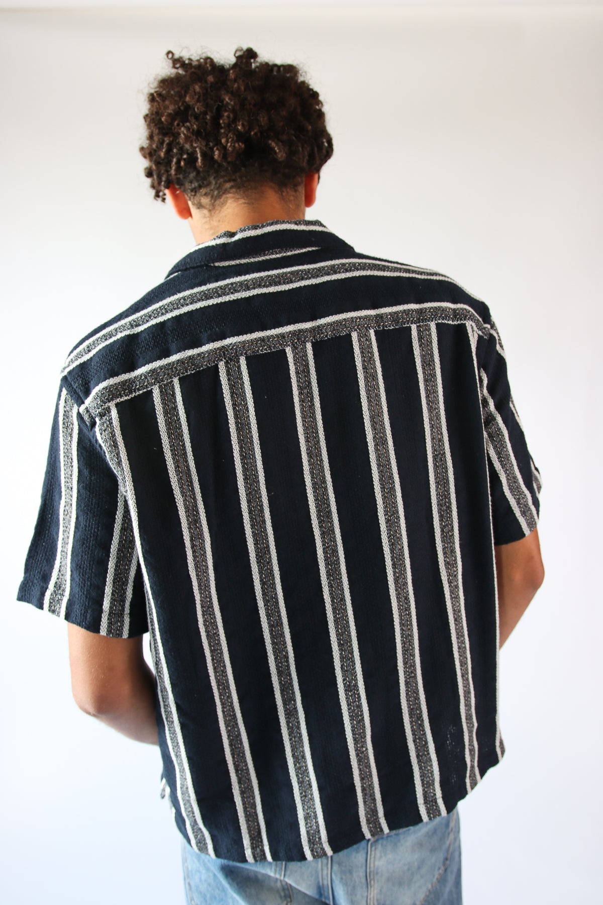 Navy Textured Knit Striped Button Up Shirt