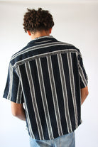 Navy Textured Knit Striped Button Up Shirt