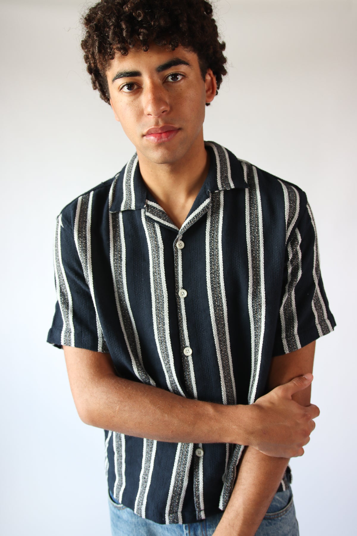 Navy Textured Knit Striped Button Up Shirt