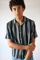 Navy Textured Knit Striped Button Up Shirt