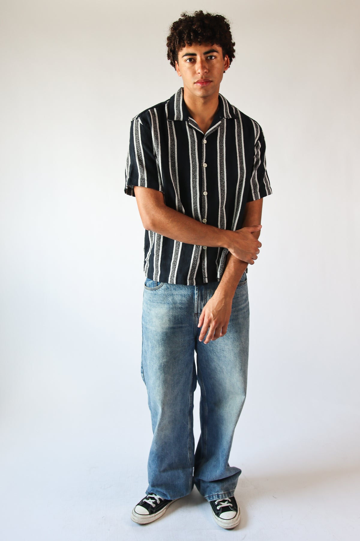 Navy Textured Knit Striped Button Up Shirt