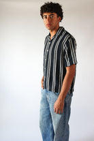 Navy Textured Knit Striped Button Up Shirt