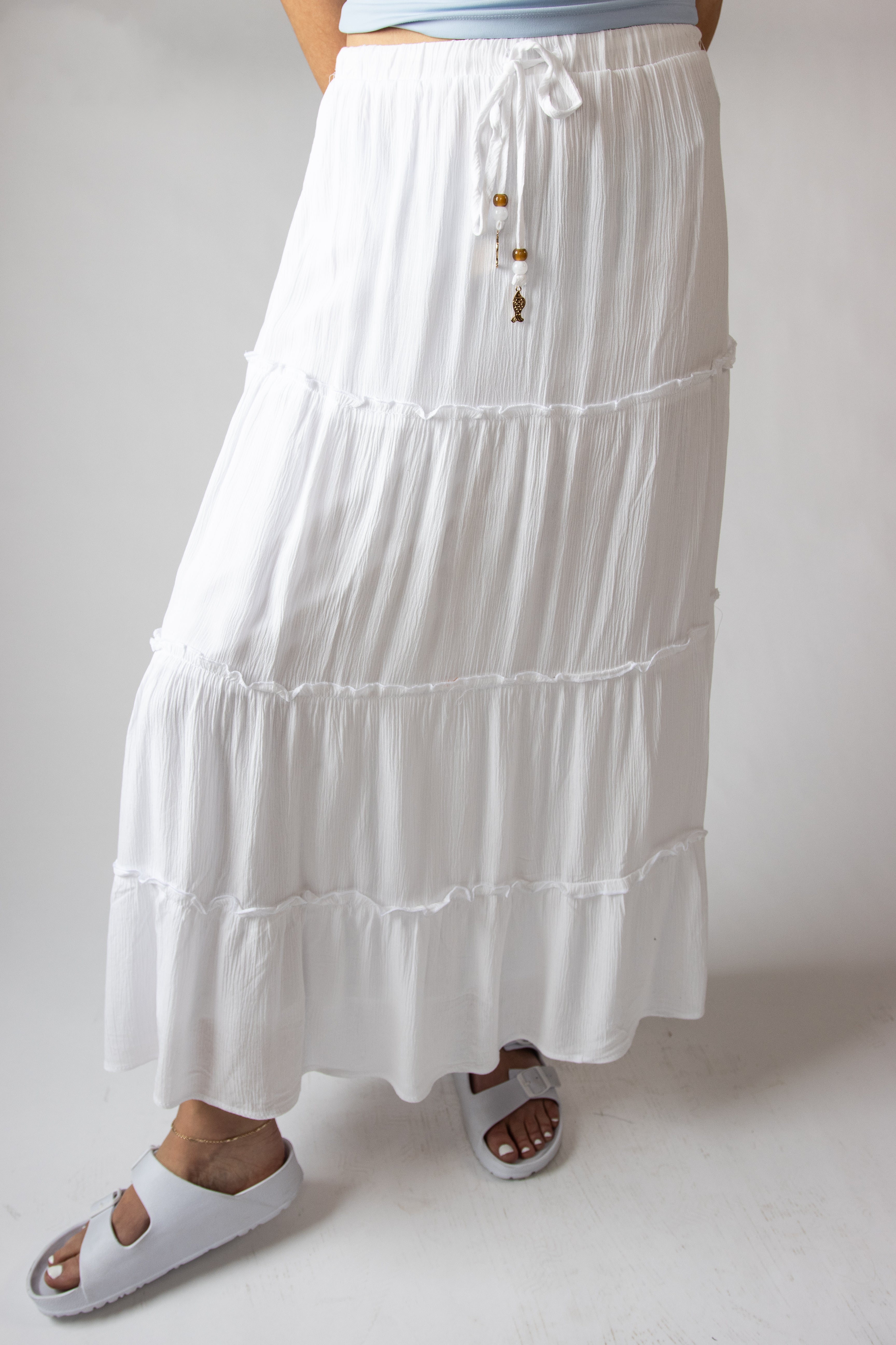 Fish Charm Beaded Tie Tiered Maxi Skirt