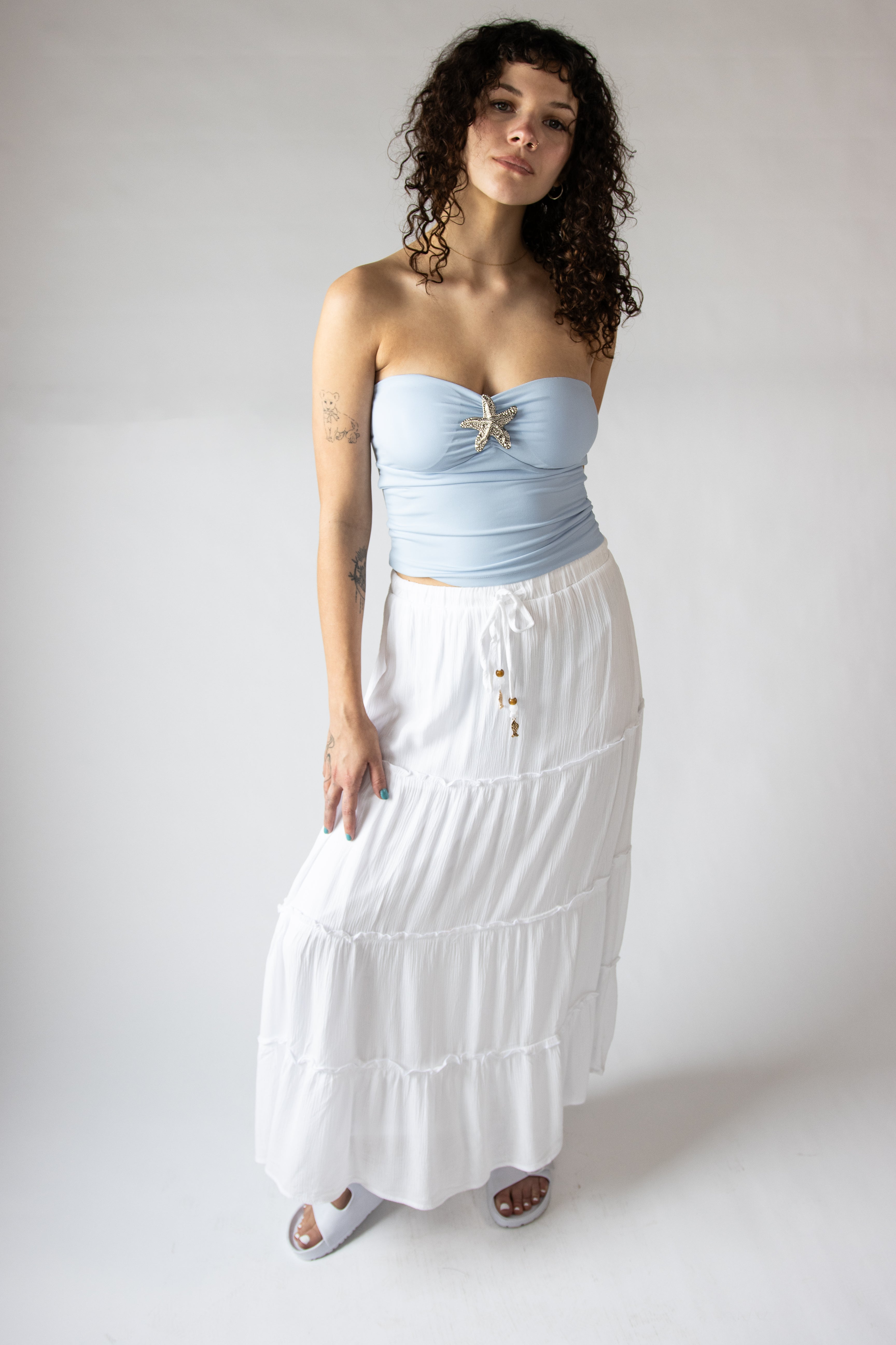 Fish Charm Beaded Tie Tiered Maxi Skirt