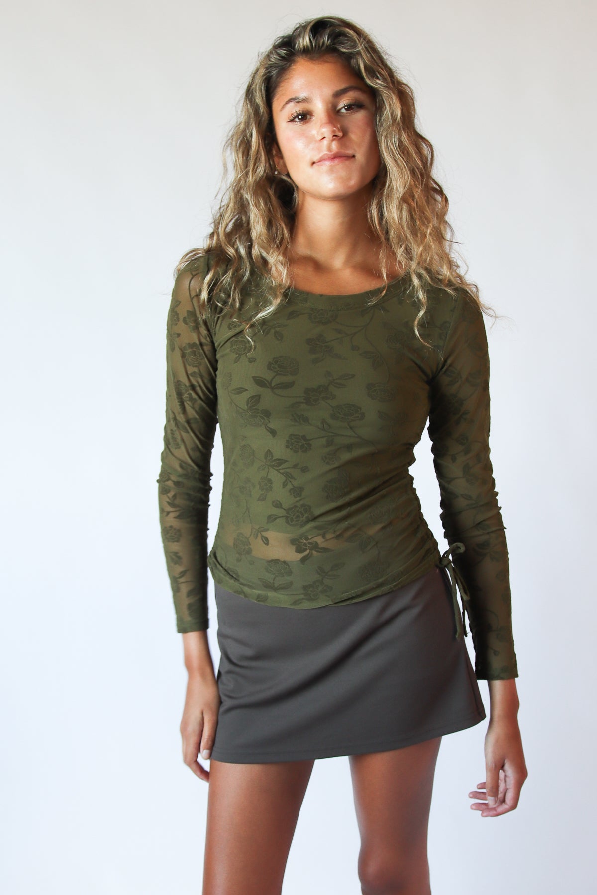 Side Ruched Floral Mesh Long Sleeve Top