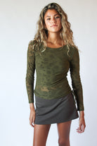 Side Ruched Floral Mesh Long Sleeve Top