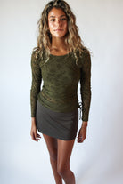 Side Ruched Floral Mesh Long Sleeve Top