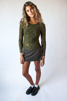 Side Ruched Floral Mesh Long Sleeve Top