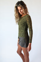 Side Ruched Floral Mesh Long Sleeve Top