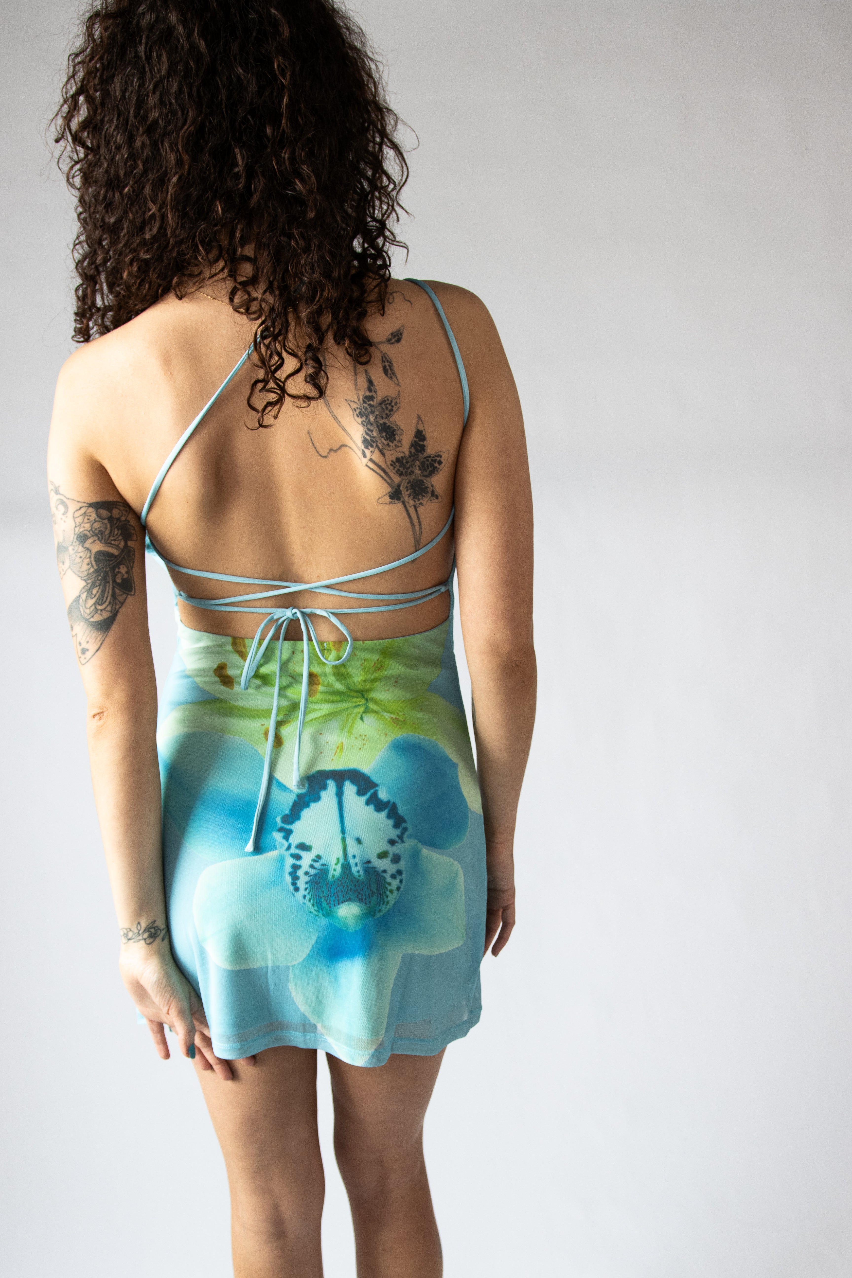 Orchid & Lily Mesh Lace Up Back Mini Dress