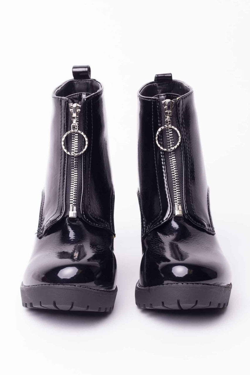 Patent Black Circle Zip Heeled Boots