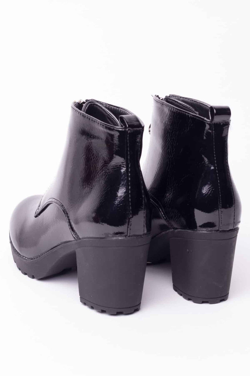 Patent Black Circle Zip Heeled Boots