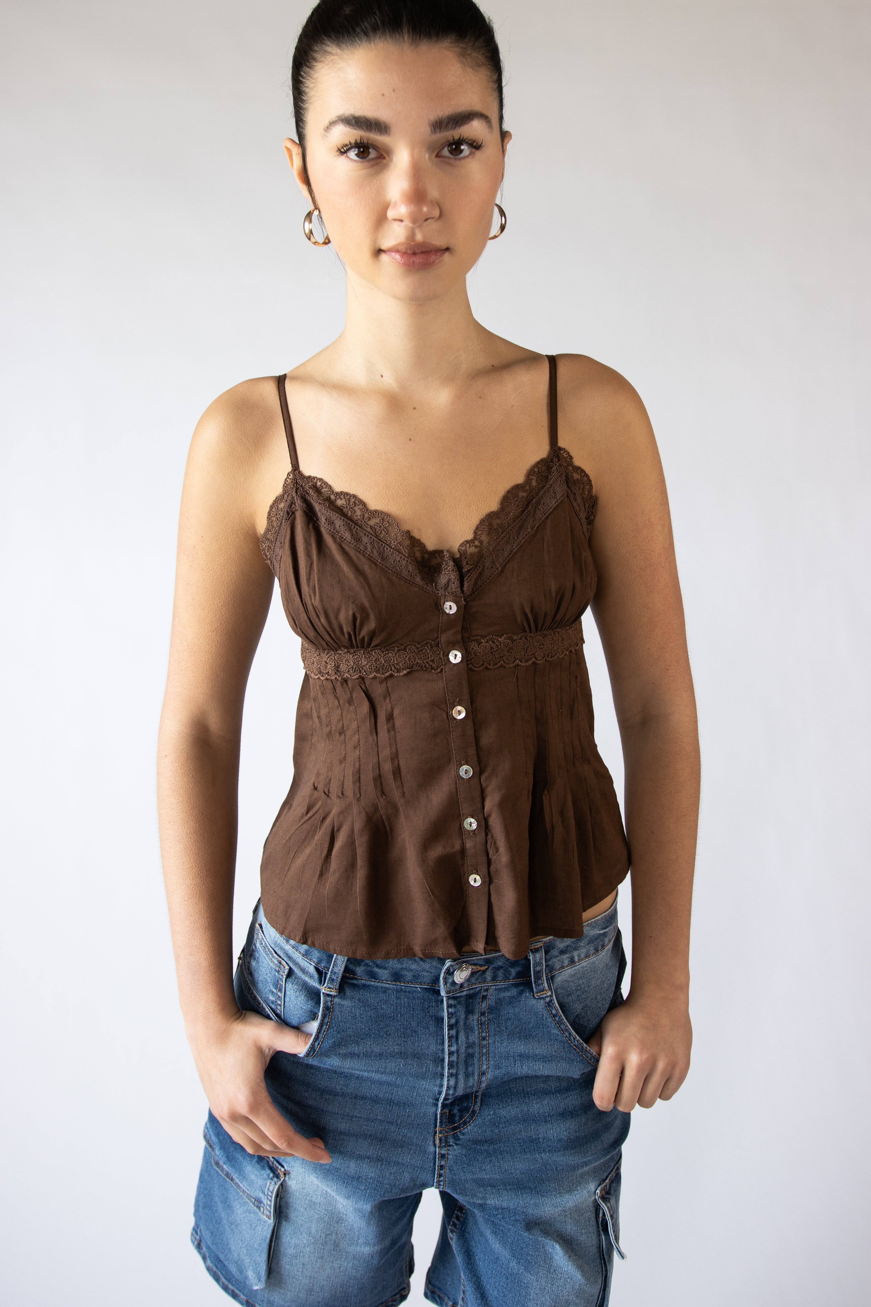 Pin Tuck Lace Trim Sleeveless Top