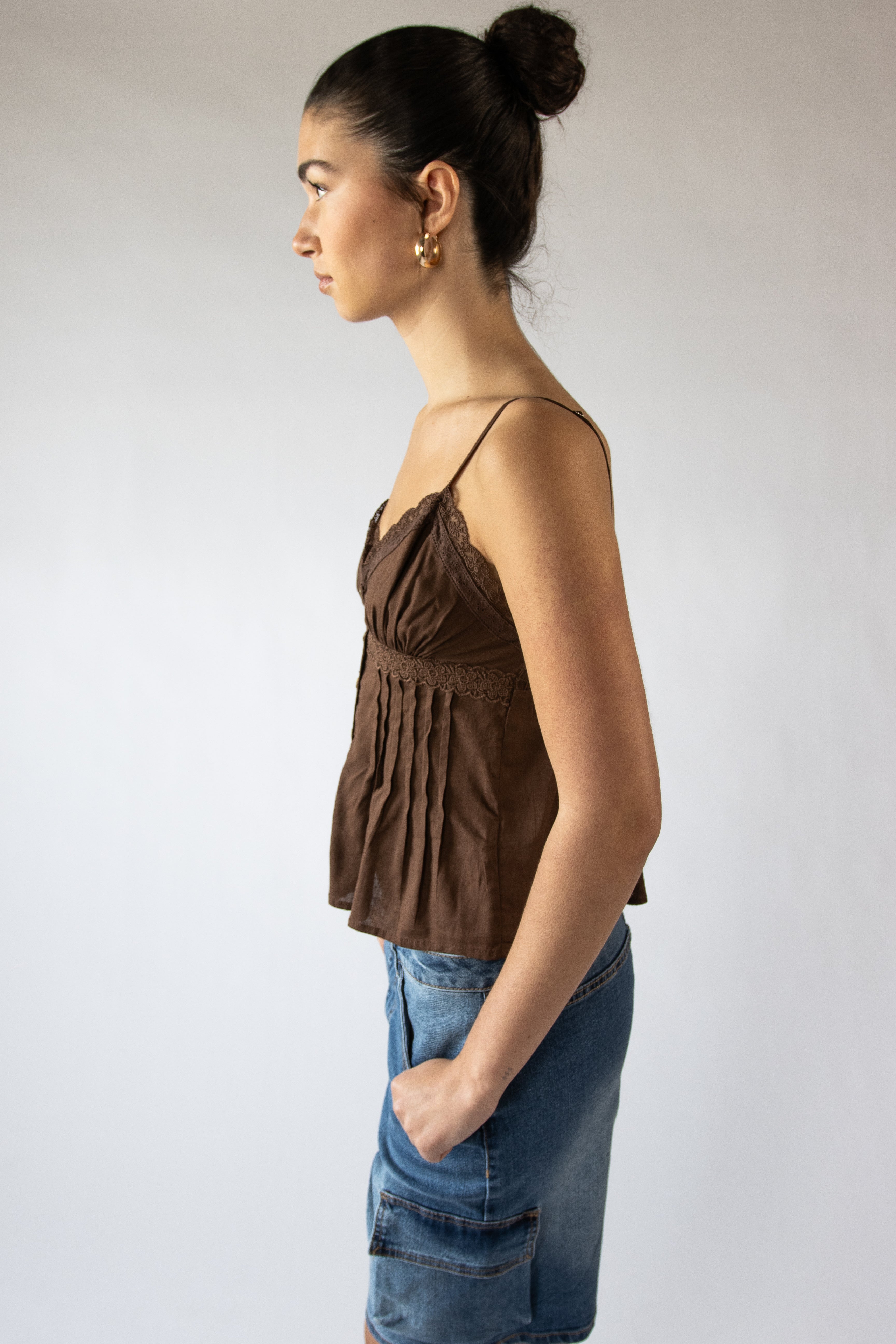Pin Tuck Lace Trim Sleeveless Top