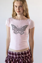 Butterfly Studded Boat Neck Tee