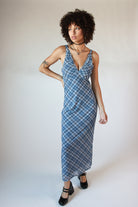 Mesh Plaid Cami Plunge Maxi Dress