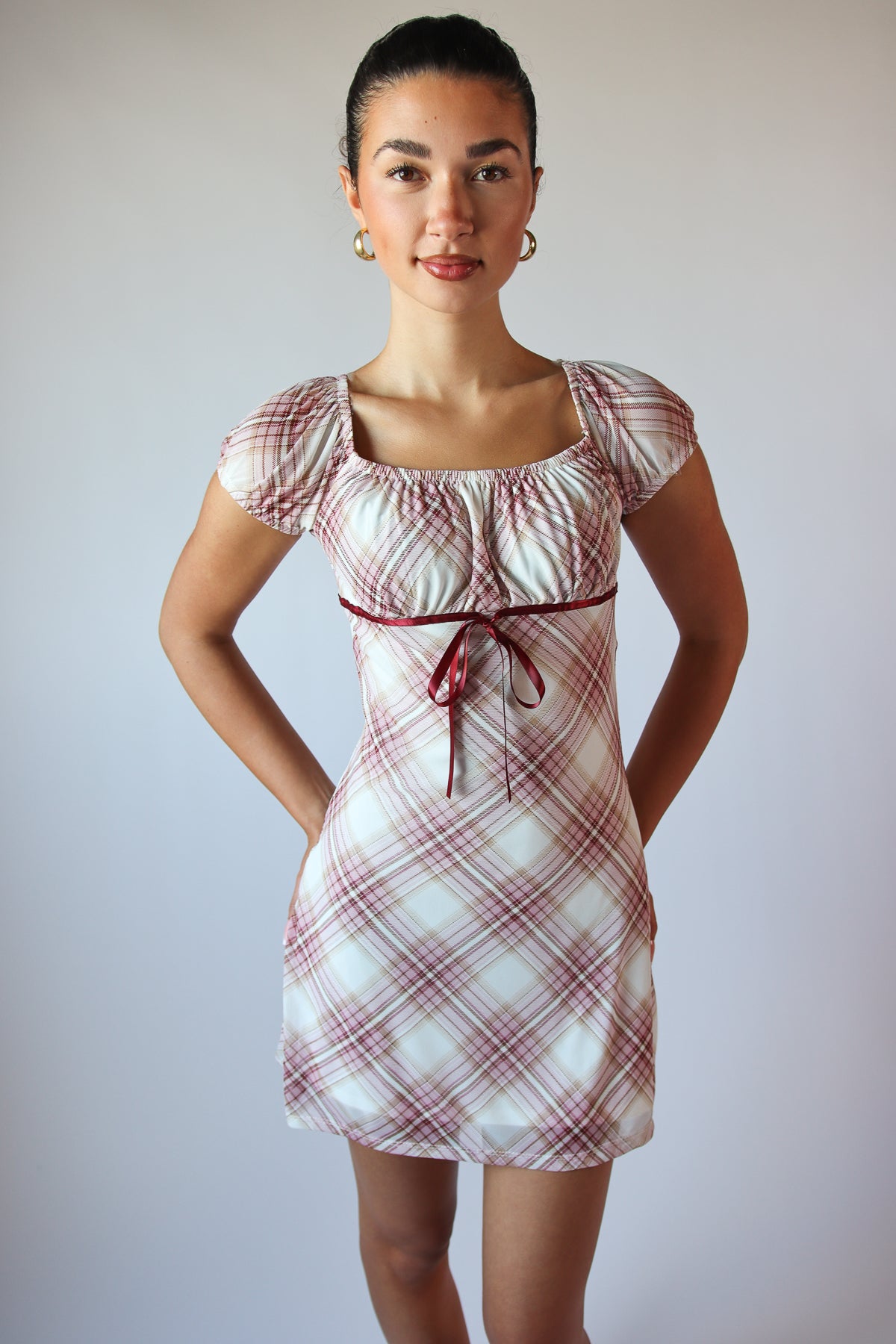 Plaid Mesh Ribbon Empire Waist Mini Dress