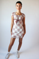 Plaid Mesh Ribbon Empire Waist Mini Dress