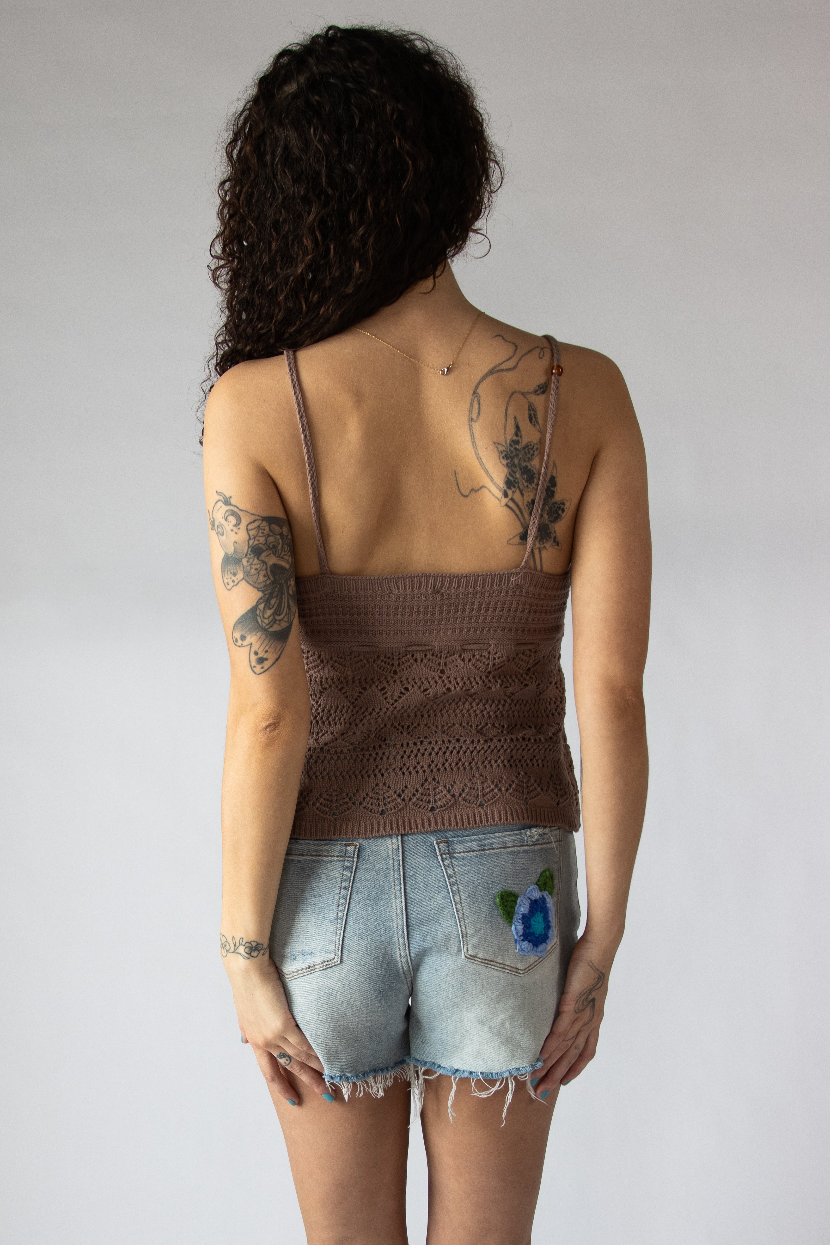 Beaded Straps Pointelle Knit Flyaway Tank Top