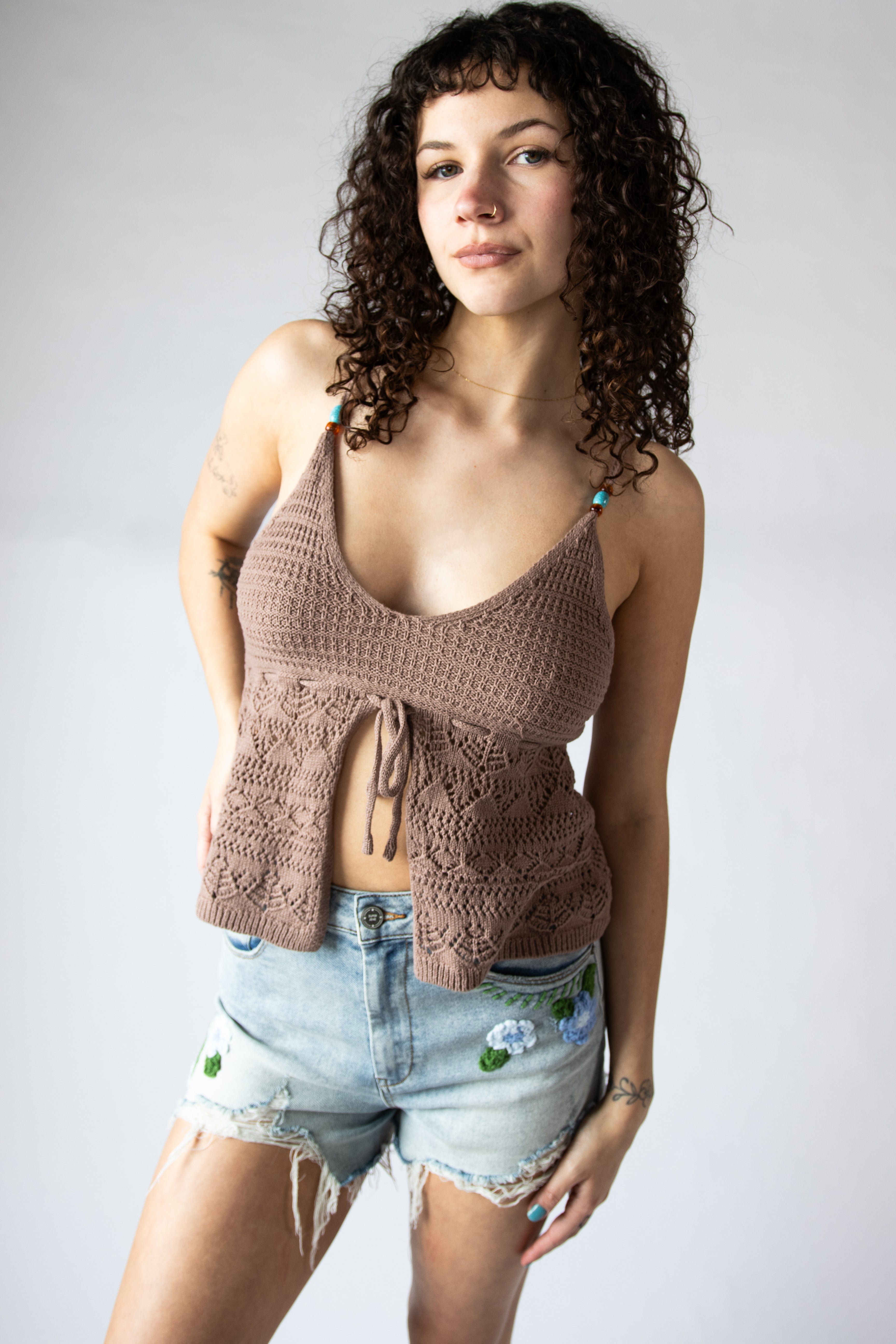 Beaded Straps Pointelle Knit Flyaway Tank Top