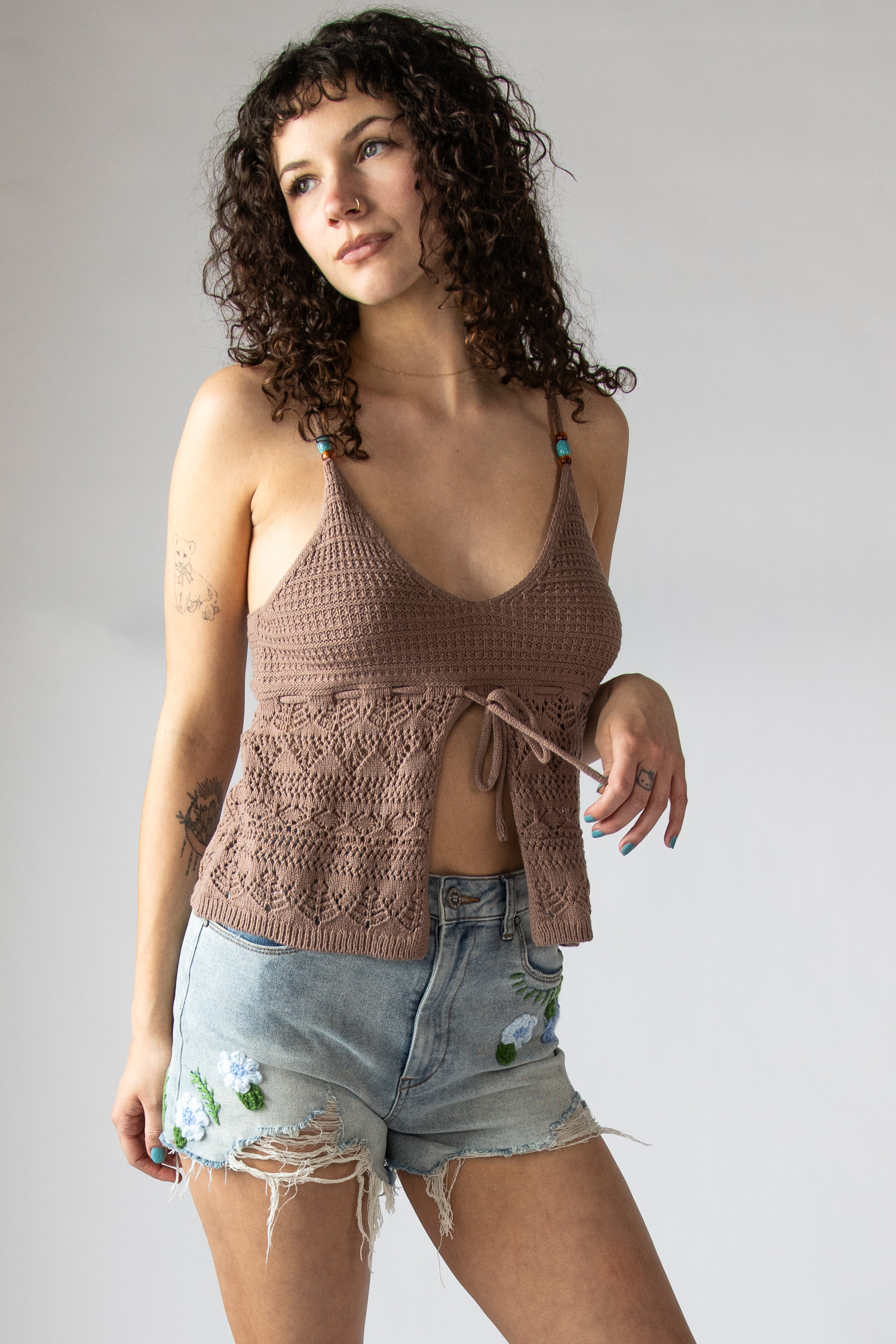 Beaded Straps Pointelle Knit Flyaway Tank Top