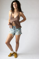 Beaded Straps Pointelle Knit Flyaway Tank Top