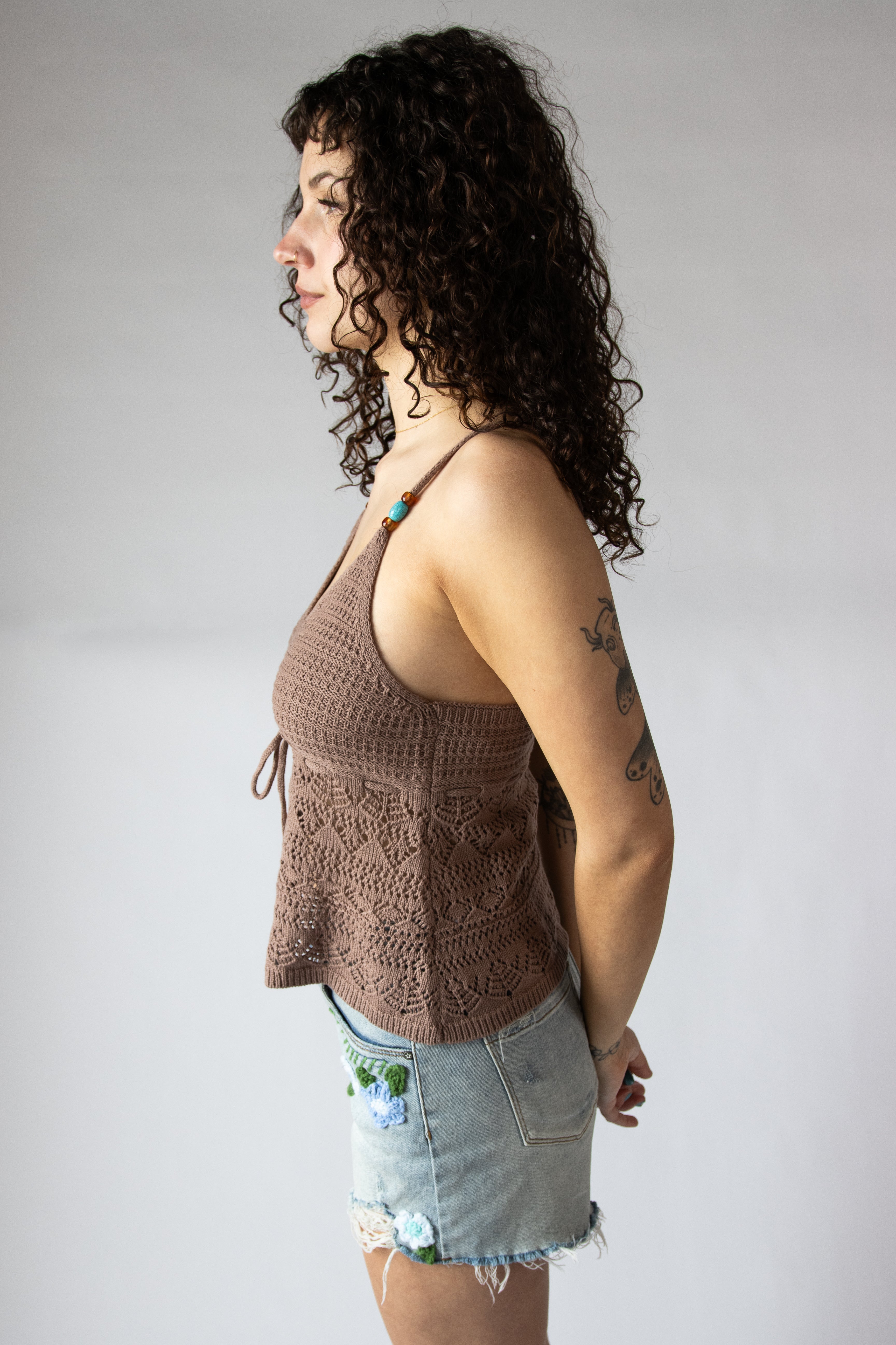 Beaded Straps Pointelle Knit Flyaway Tank Top