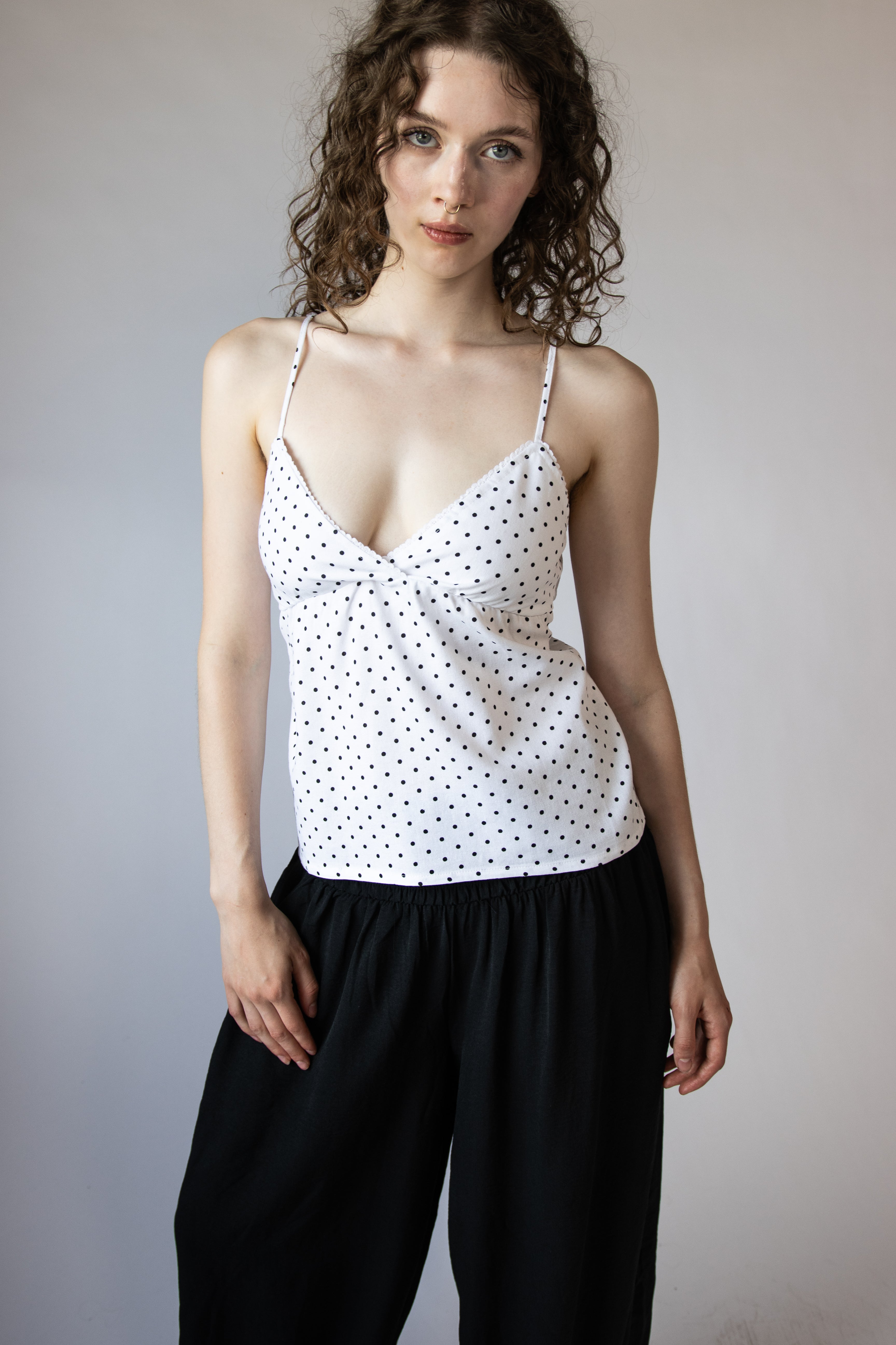 Polka Dot Linen Blend Babydoll Tank Top