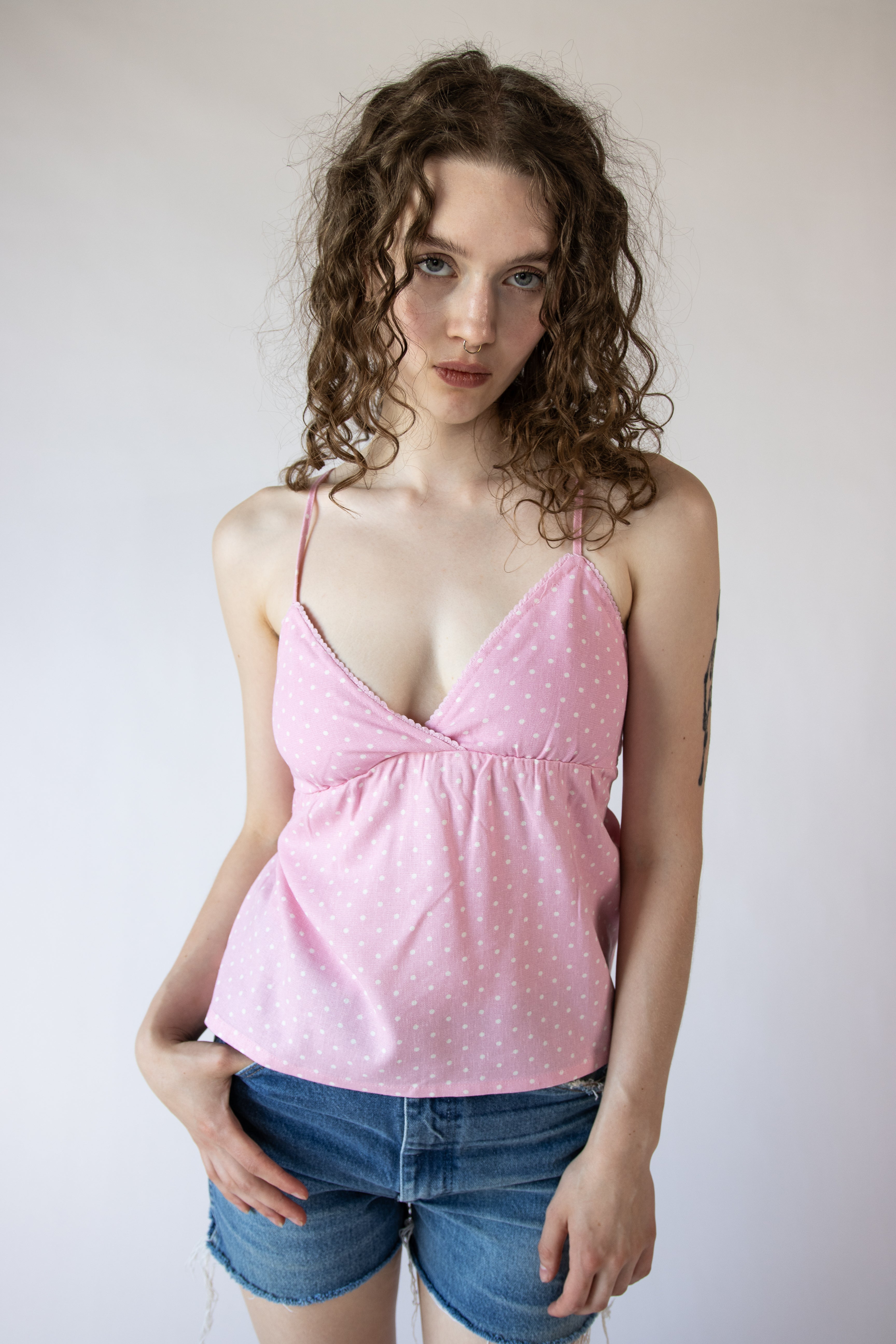 Polka Dot Linen Blend Babydoll Tank Top