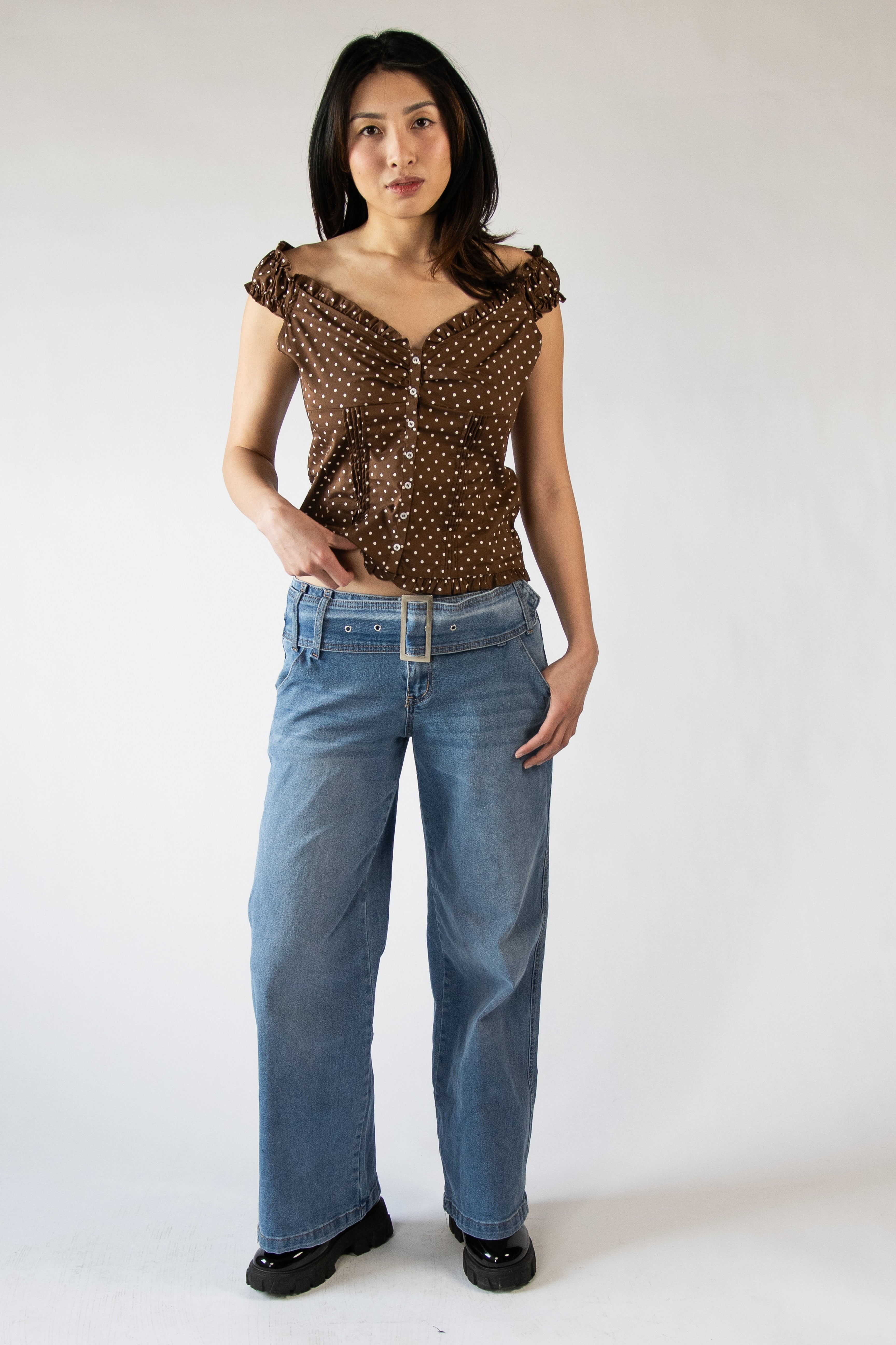 Polka Dot Ruffle Pin Tuck Top