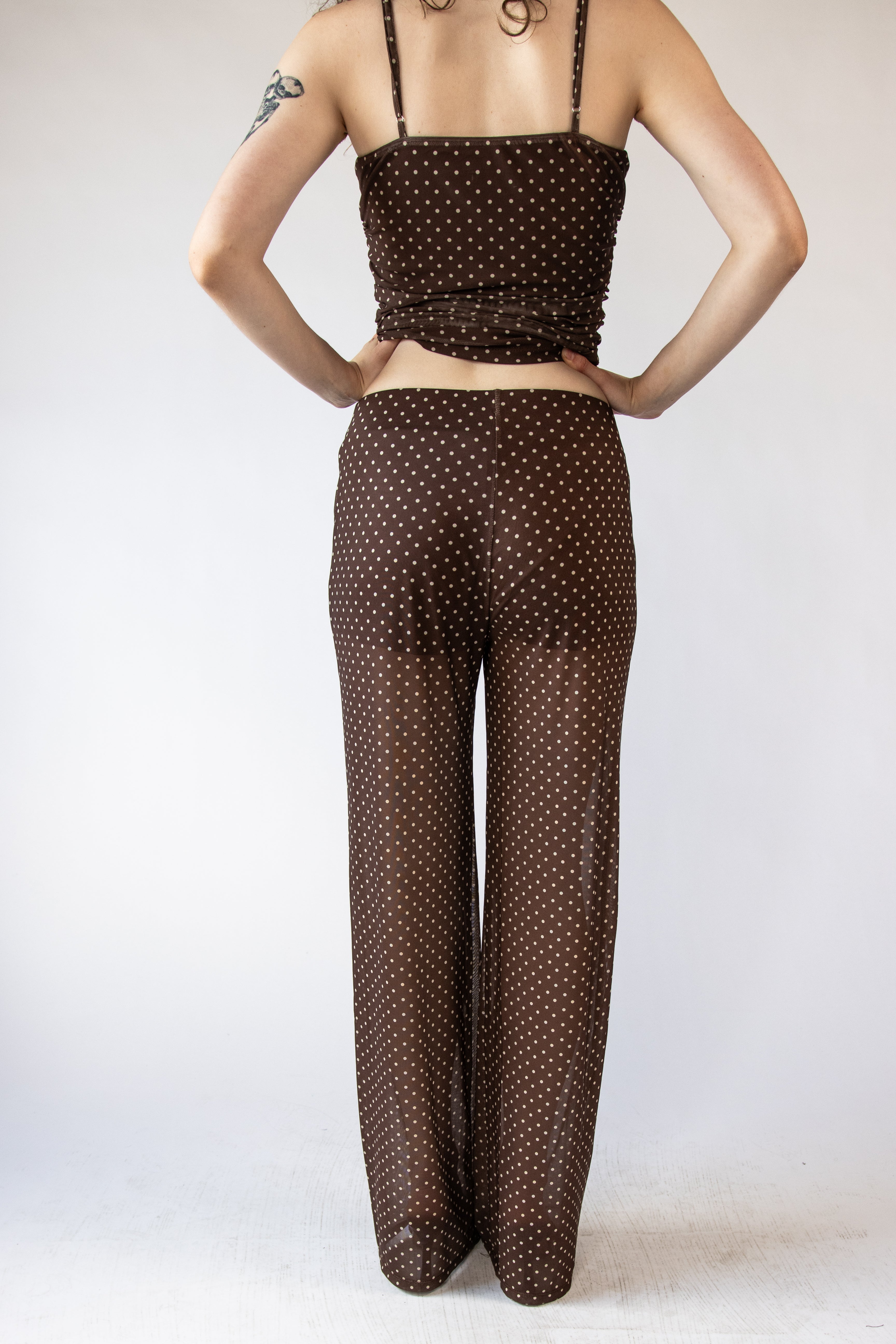 Polka Dot Print Mesh Wide Leg Pants