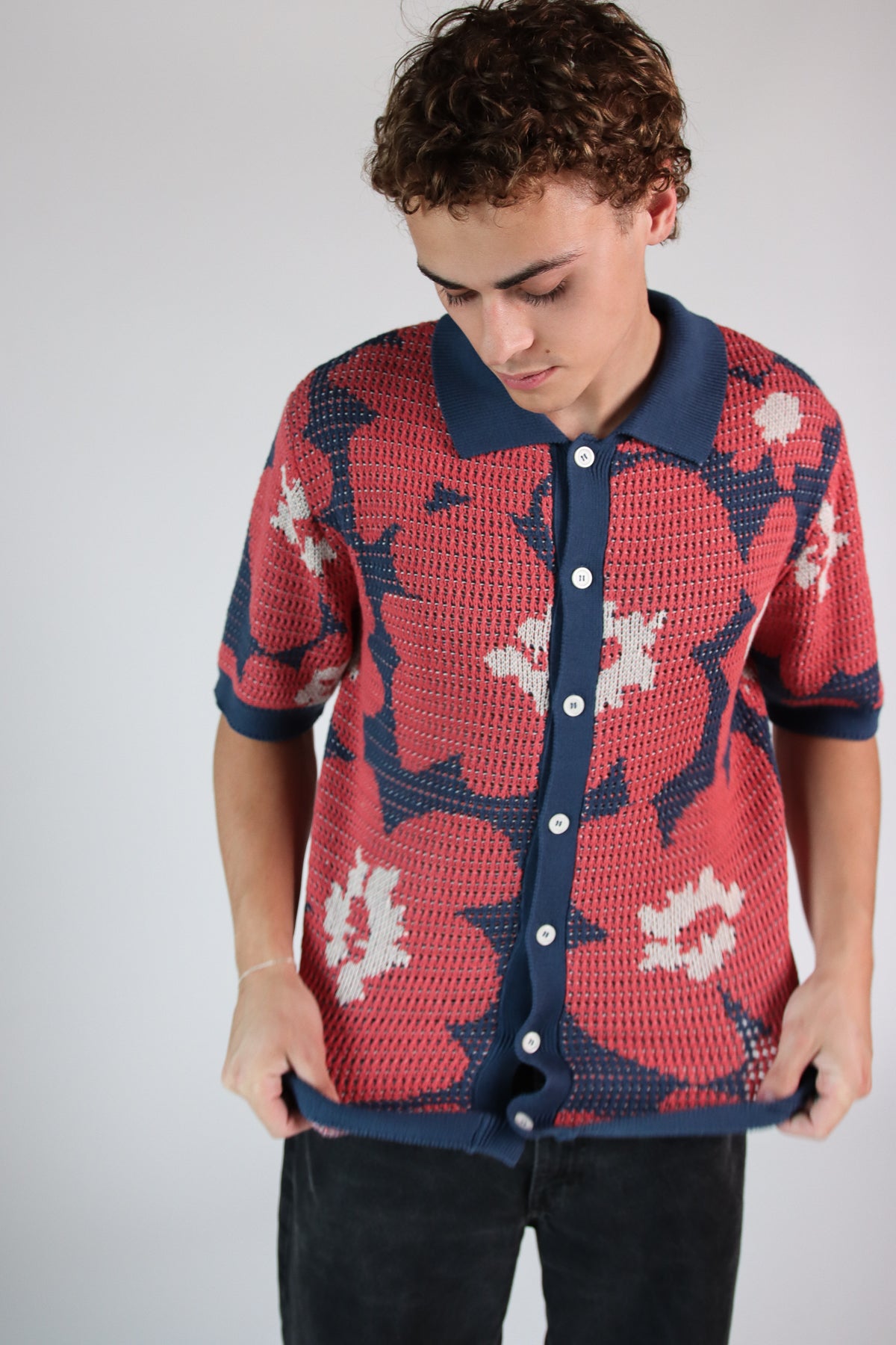 Flower Knit Button Up Shirt