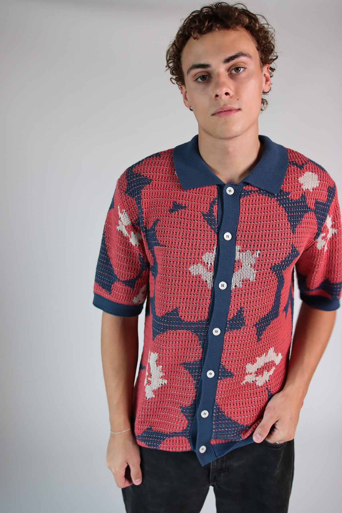 Flower Knit Button Up Shirt