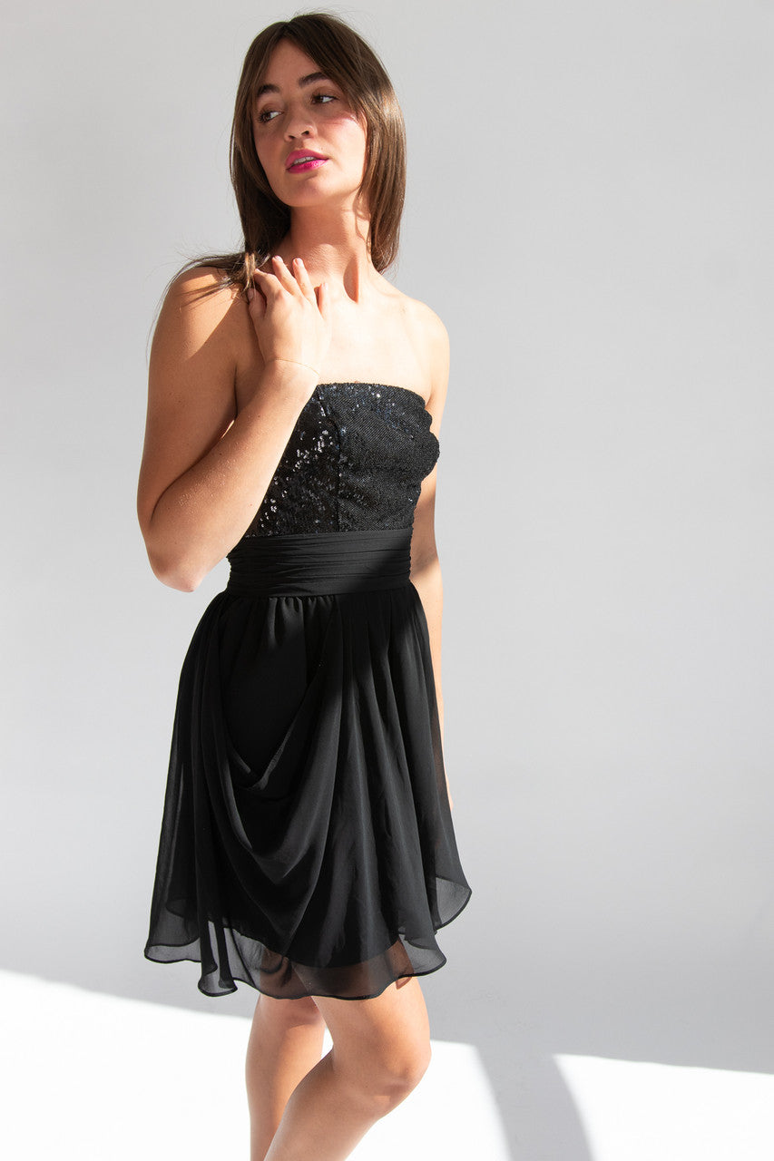 Bill Levkoff Black Sequin Strapless Dress