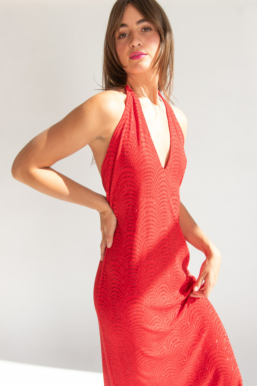 Jessica McClintock Red Tie Halter Dress