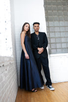 Vintage Navy Satin A-Line Maxi Dress